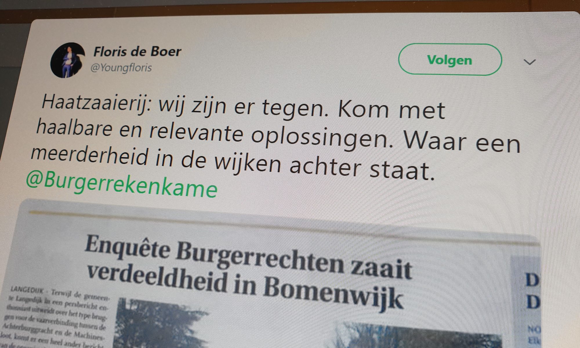 Floris de Boer door jurist gesommeerd tweet over 'haatzaaierij' Burgerrekenkamer te verwijderen