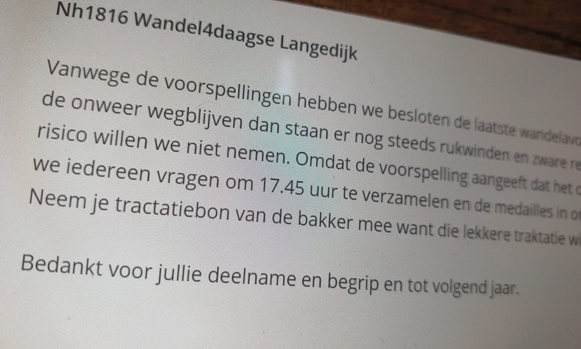 Voorspelling noodweer zorgt voor afgelasting laatste etappe Wandel4Daagse Langedijk