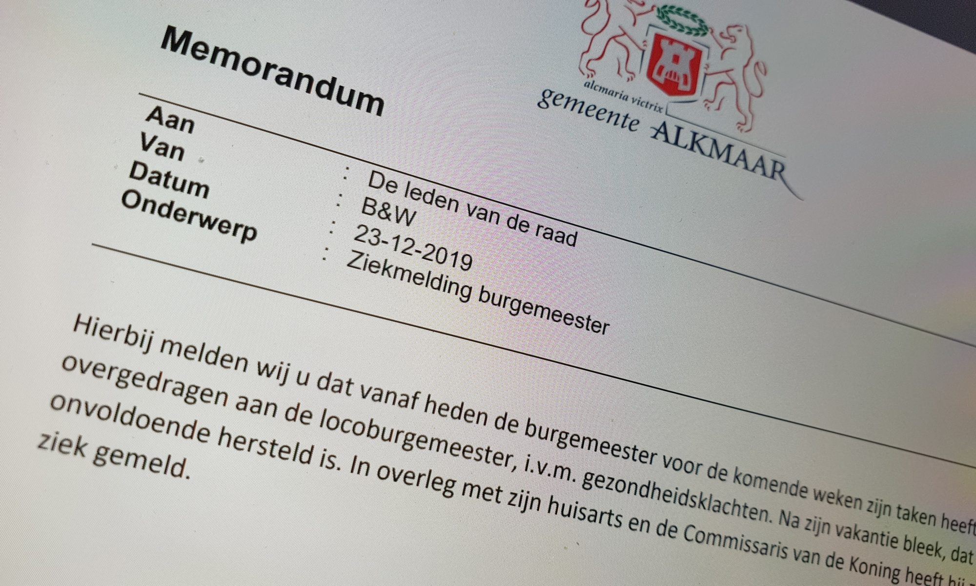 Burgemeester Bruinooge legt door ziekte tijdelijk taken neer