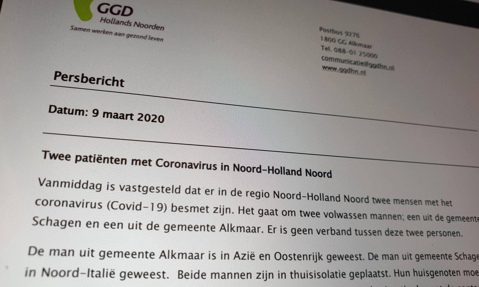 GGD maakt eerste Alkmaarse coronabesmetting bekend