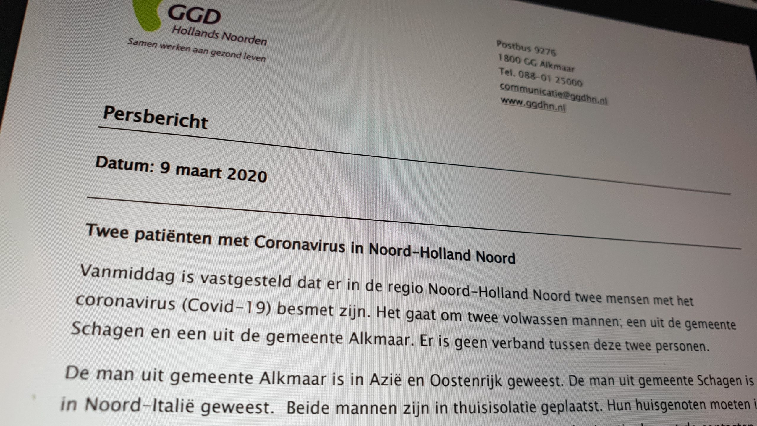 GGD maakt eerste Alkmaarse coronabesmetting bekend