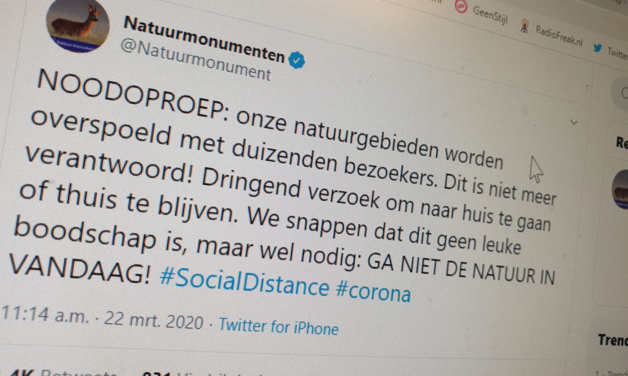 NL-Alert en noodoproep Natuurmonumenten: blijf thuis en houdt afstand