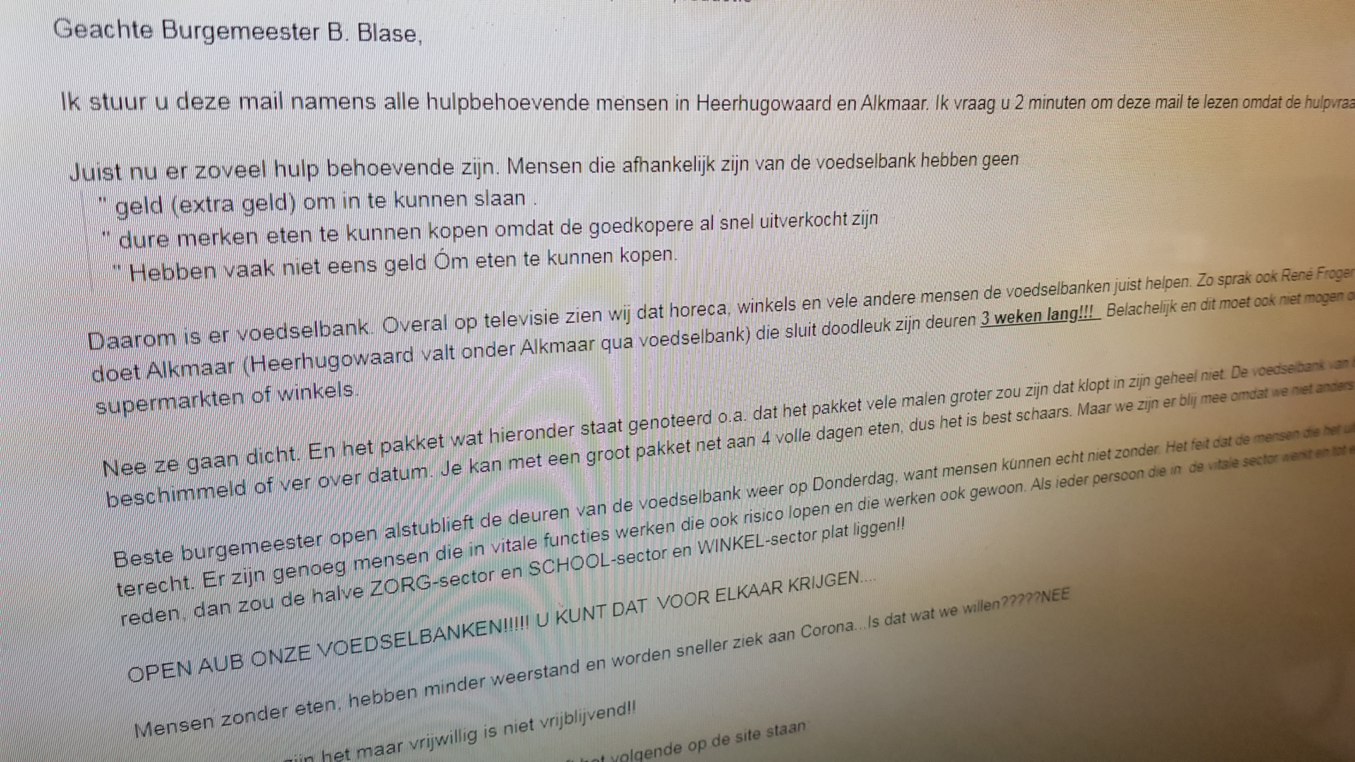 Noodoproep aan Waardse burgemeester Blase vanwege gesloten Voedelbank Alkmaar e.o.