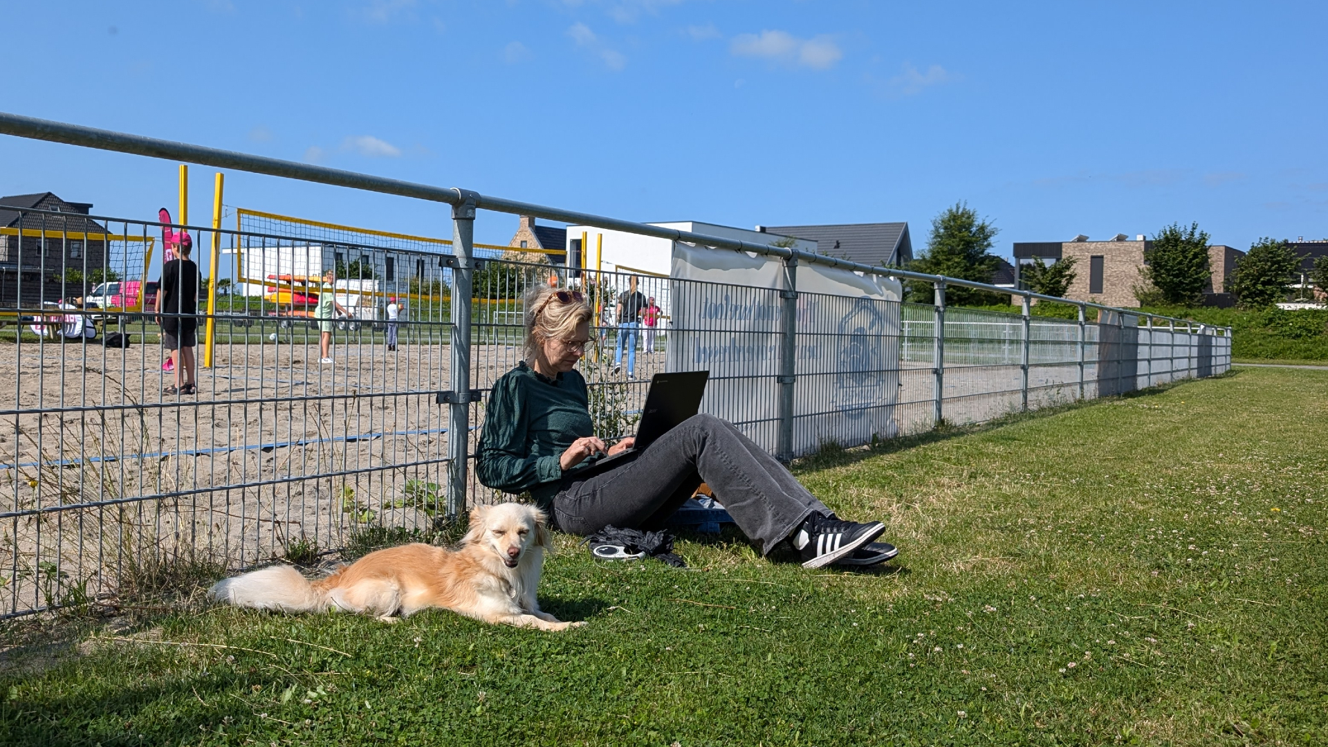 Vrouw zit op het gras met een laptop, een hond ligt naast haar, en op de achtergrond spelen mensen beachvolleybal.