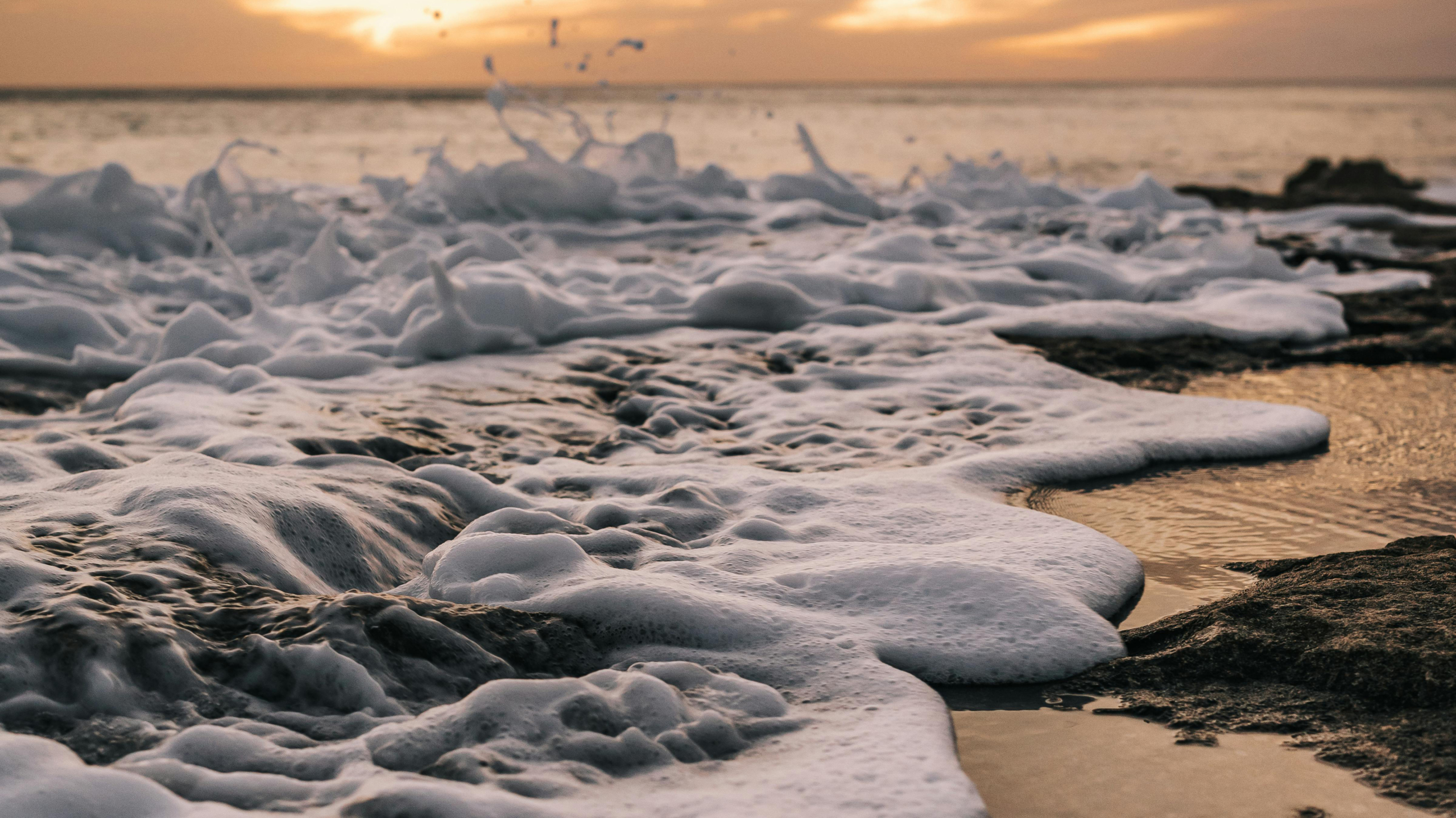 Zeepsop op rotsen bij zonsondergang.