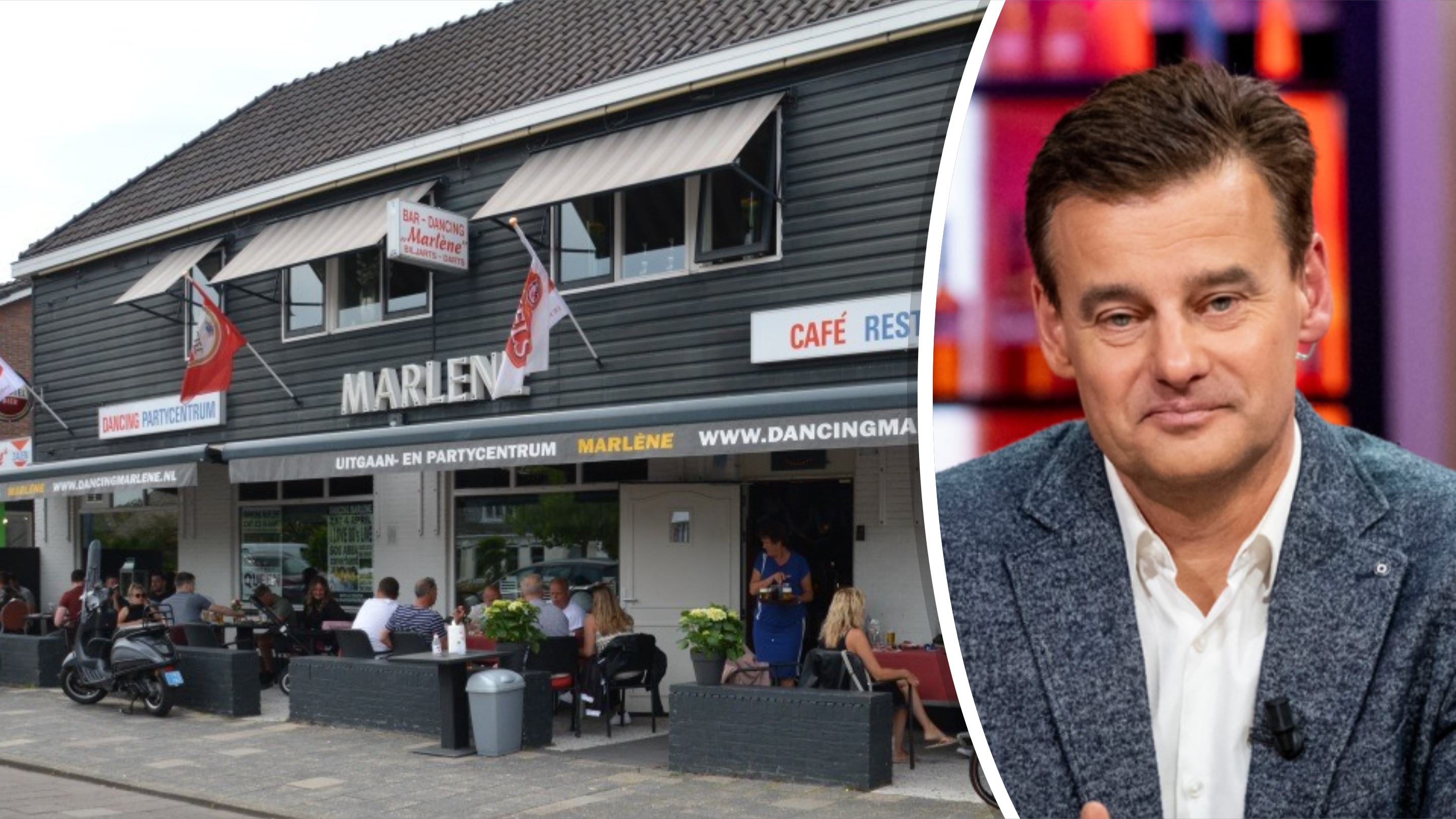 Cafe en restaurant Marlene met mensen zittend op het terras; rechts een man in een studio.