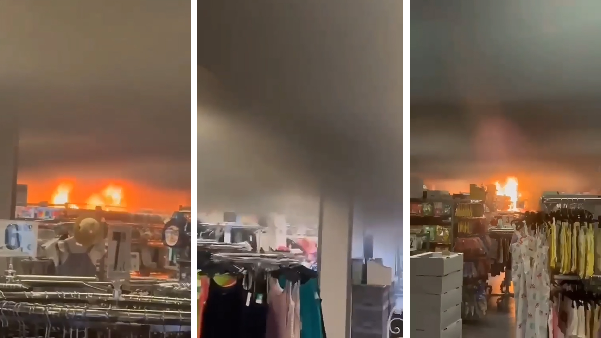 Drievoudige afbeelding van een brand in een winkel met kledingrekken en andere artikelen, met zichtbare vlammen en rook.