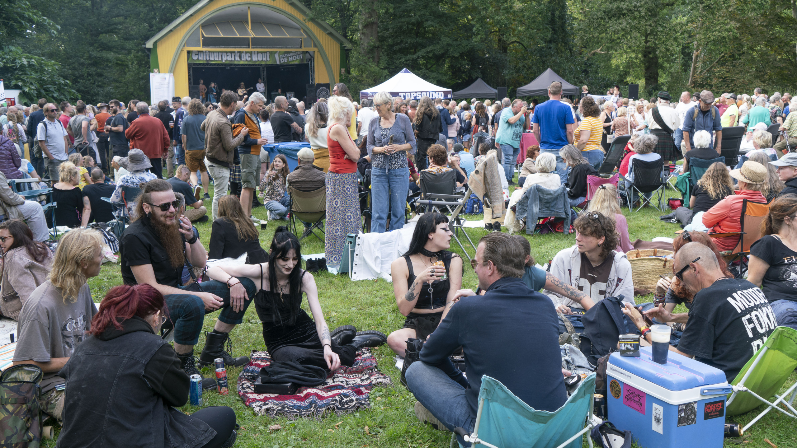 Mensen genieten van een festival in een park met een podium op de achtergrond.