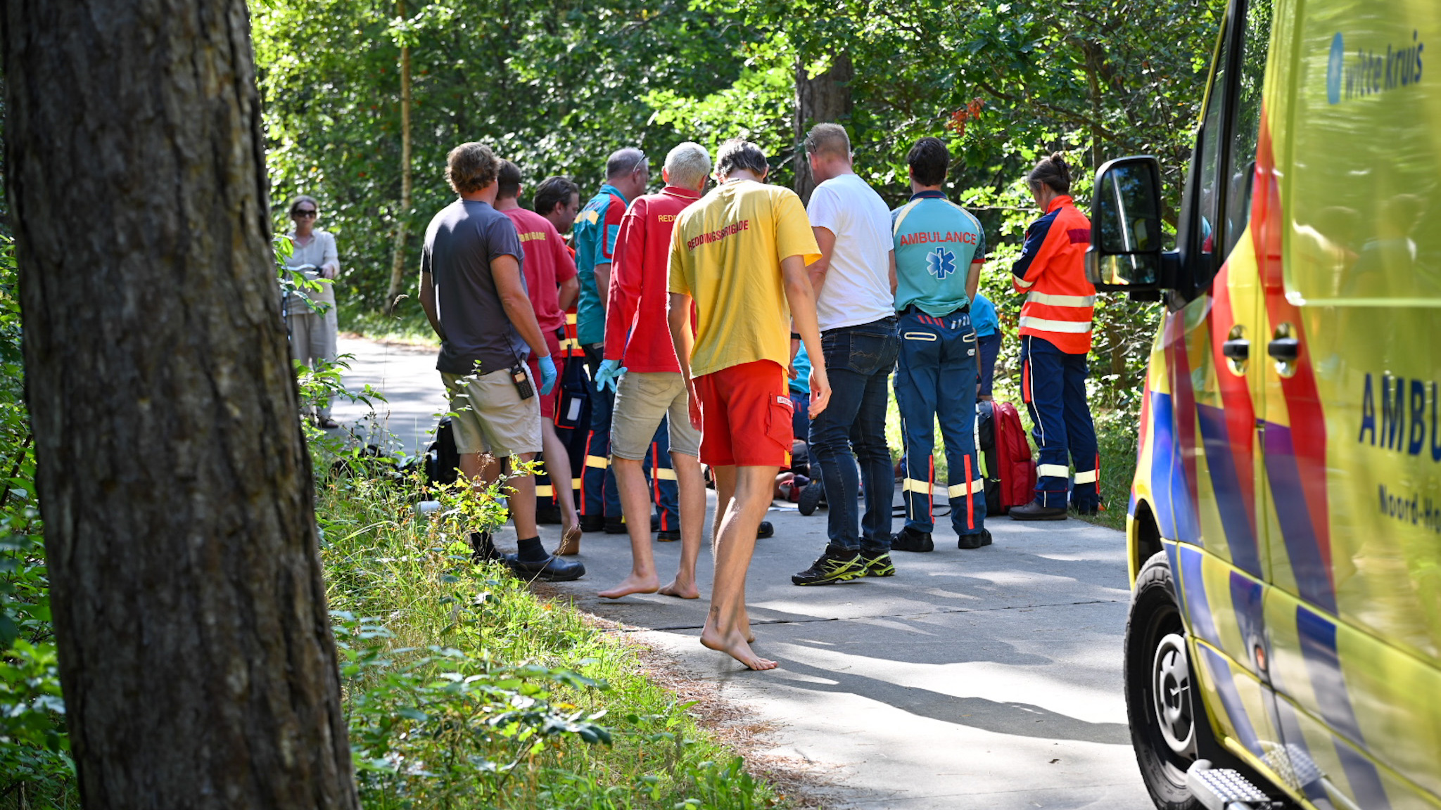 Hulpverleners, inclusief reddingsbrigade en ambulancemedewerkers, staan rondom een persoon op de grond naast een ambulance in een bosrijke omgeving.