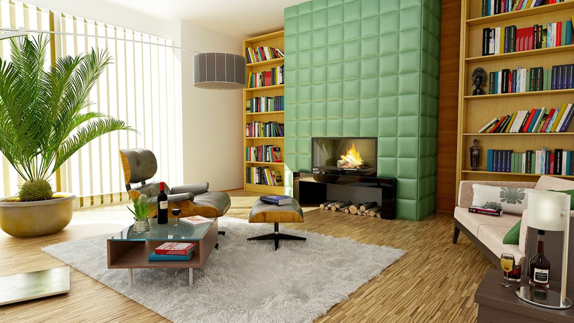 Moderne woonkamer met een groene betegelde open haard, boekenplanken, een comfortabele stoel, een grote plant, en een lage salontafel met een fles wijn en glazen.