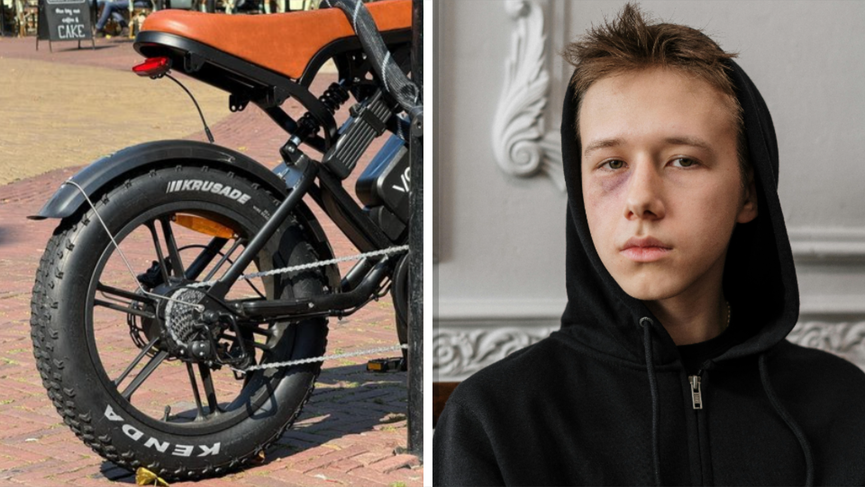 Linkerhelft: Achterwiel van een fiets met een bruin zadel. Rechterhelft: Jonge man met een blauw oog in een zwart sweatshirt met capuchon.