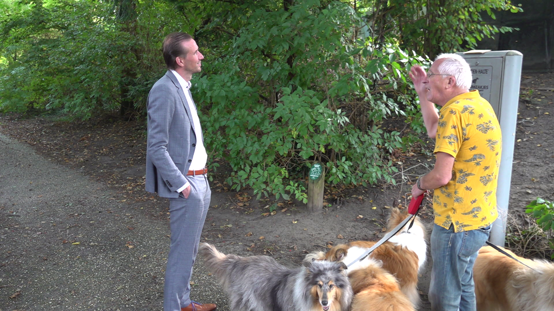 Twee mannen in gesprek in een park, een in een grijs pak en een in een gele shirt met print, de man in de gele shirt houdt meerdere honden aan de lijn.