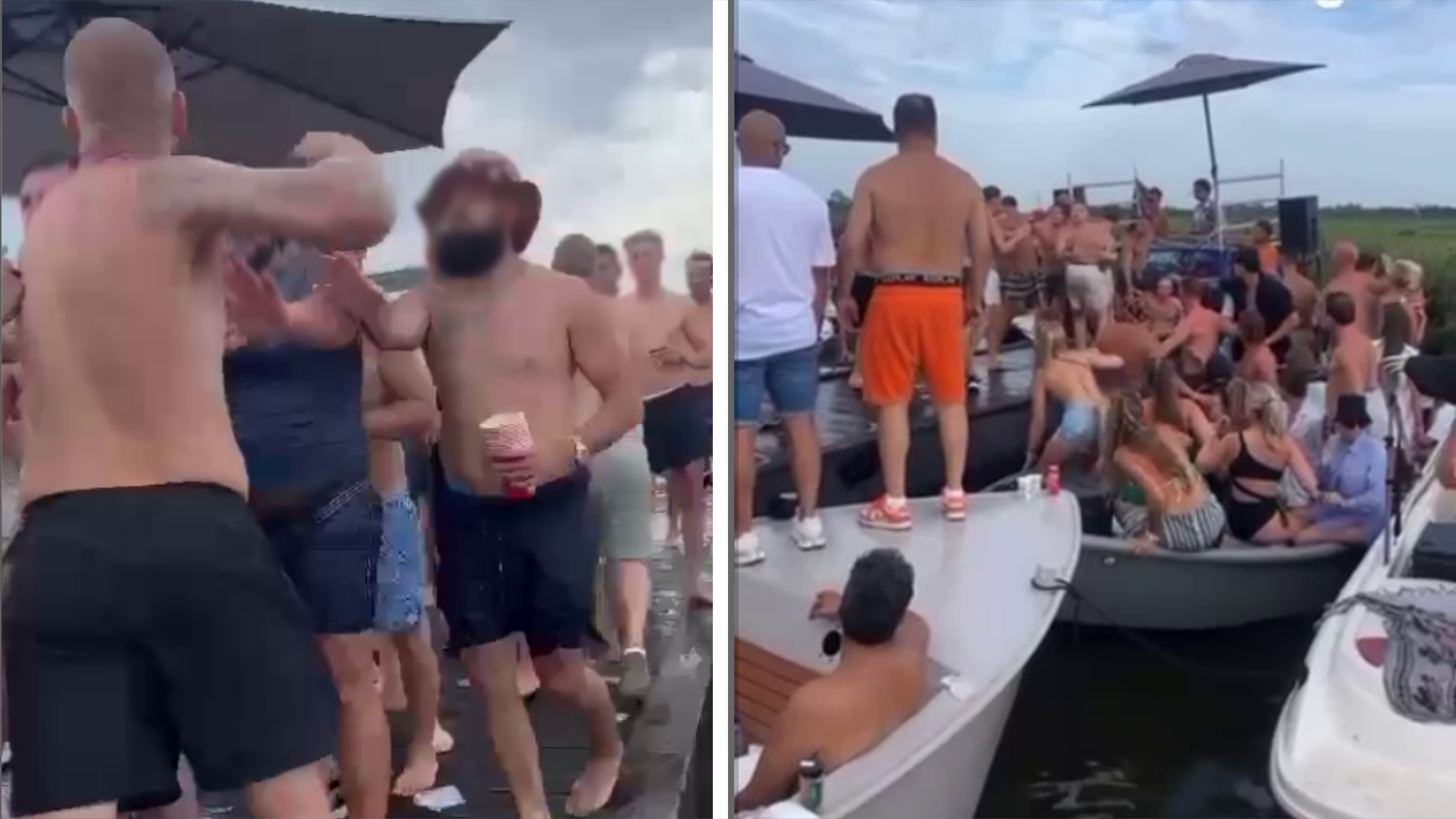 Mensen dansen en feesten op boten en een steiger aan het water.