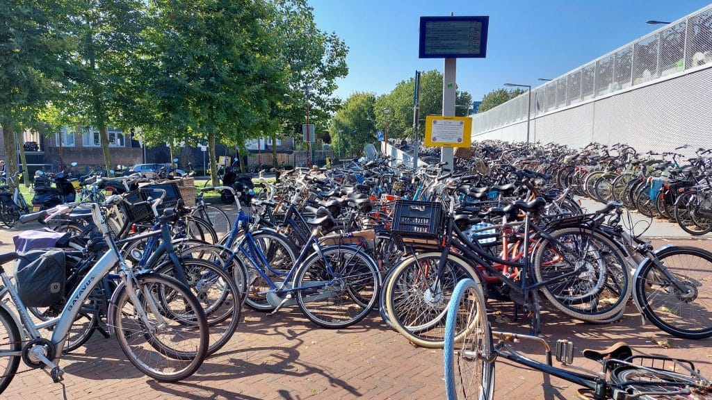 Een overvolle fietsenstalling met veel geparkeerde fietsen op een zonnige dag, omgeven door bomen en een elektronisch informatiebord op de achtergrond.