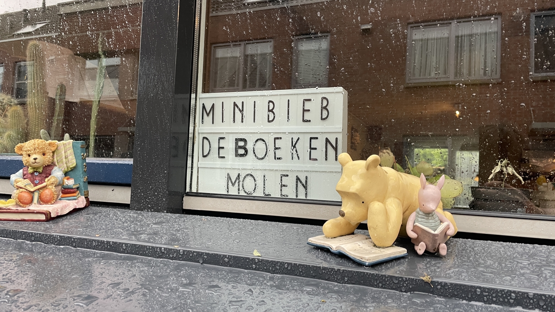 Een etalage met een bord waarop "MINIBIEB DE BOEKENMOLEN" staat, versierd met een beeld van een beer die boeken leest, en een ander beeld van een varken dat een boek vasthoudt.