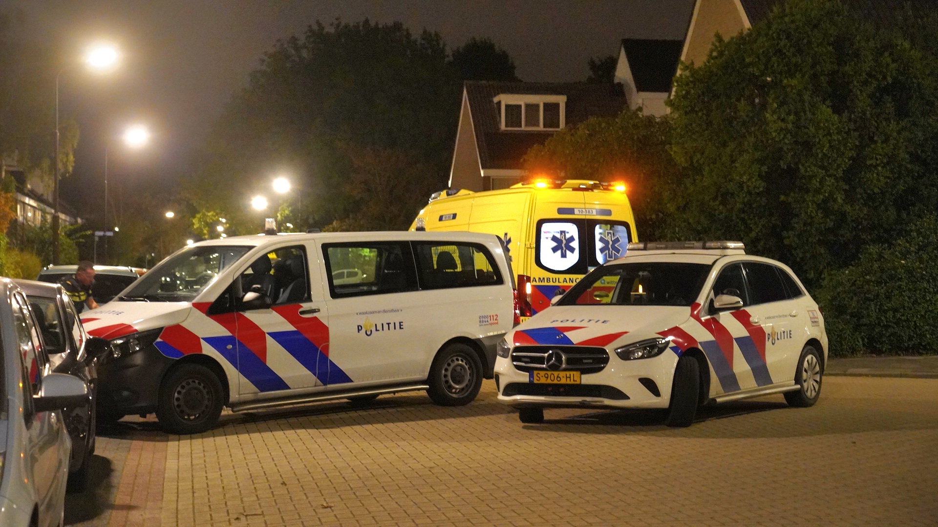 Politievoertuigen en een ambulance staan geparkeerd op een straat 's nachts.