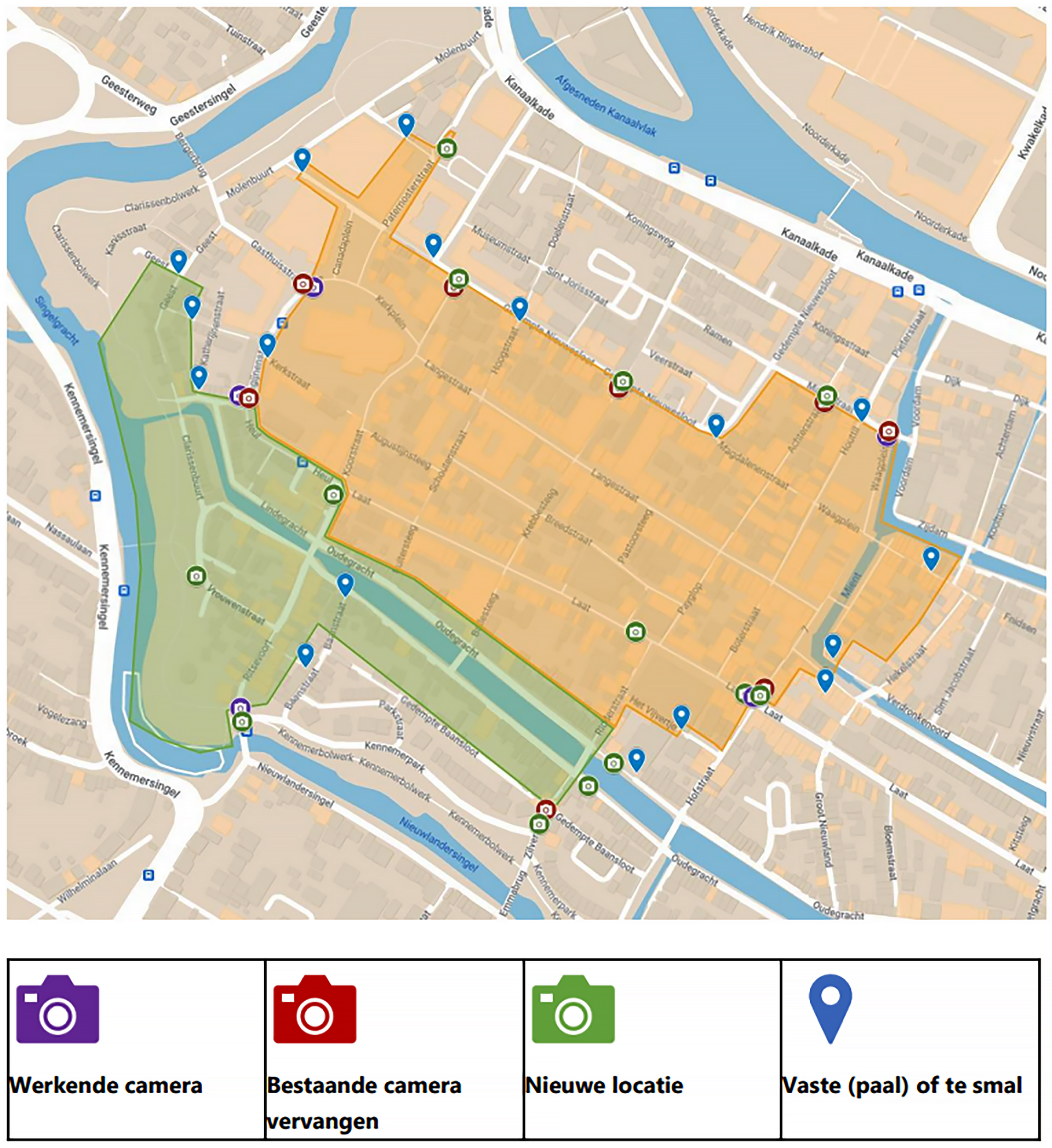 Kaart met locaties van werkende camera's, bestaande camera's ter vervanging, nieuwe locaties en vaste palen of te smalle plekken in een stadswijk.