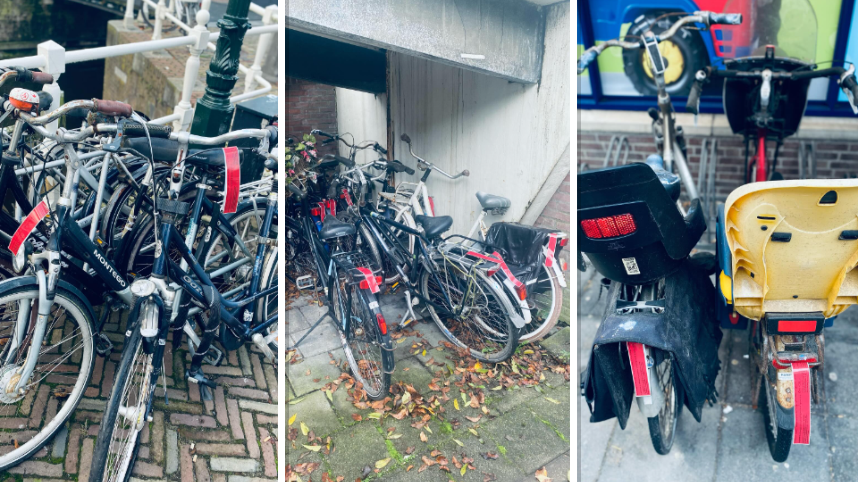 Drie foto's van fietsen met rode labels, tegen hek, muur en in fietsenrek, met herfstbladeren op de grond.