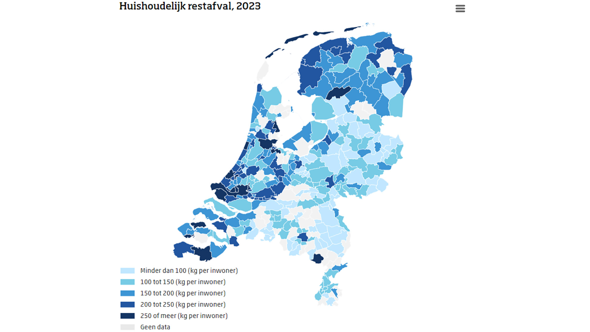 Kaart van Nederland met gemeentelijke gegevens over huishoudelijk restafval in 2023, weergegeven in kleurgradaties van lichtblauw naar donkerblauw gebaseerd op kilogrammen per inwoner.