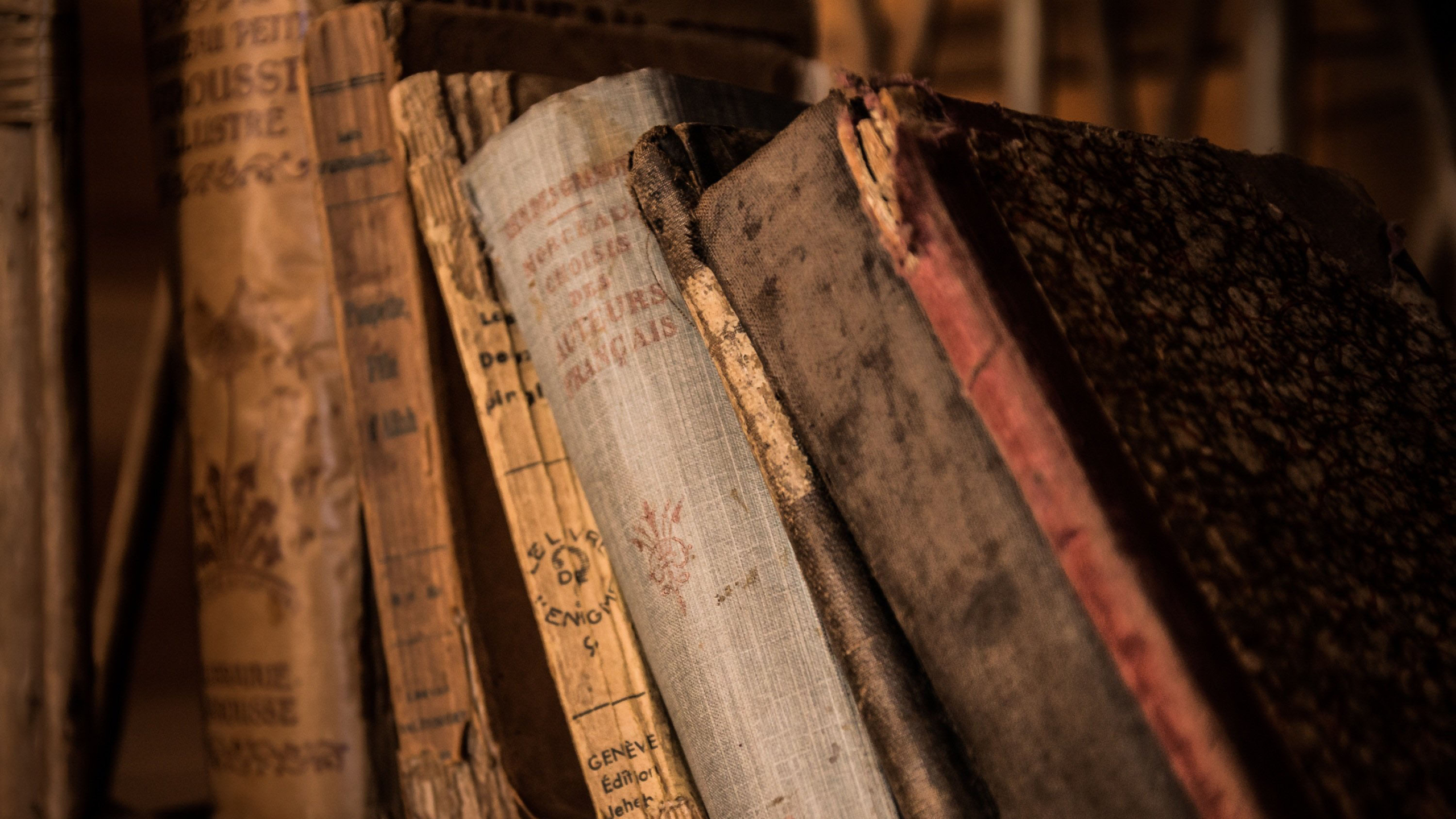 Dichtbijbeeld van rijen oude boeken met versleten kaften op een plank.