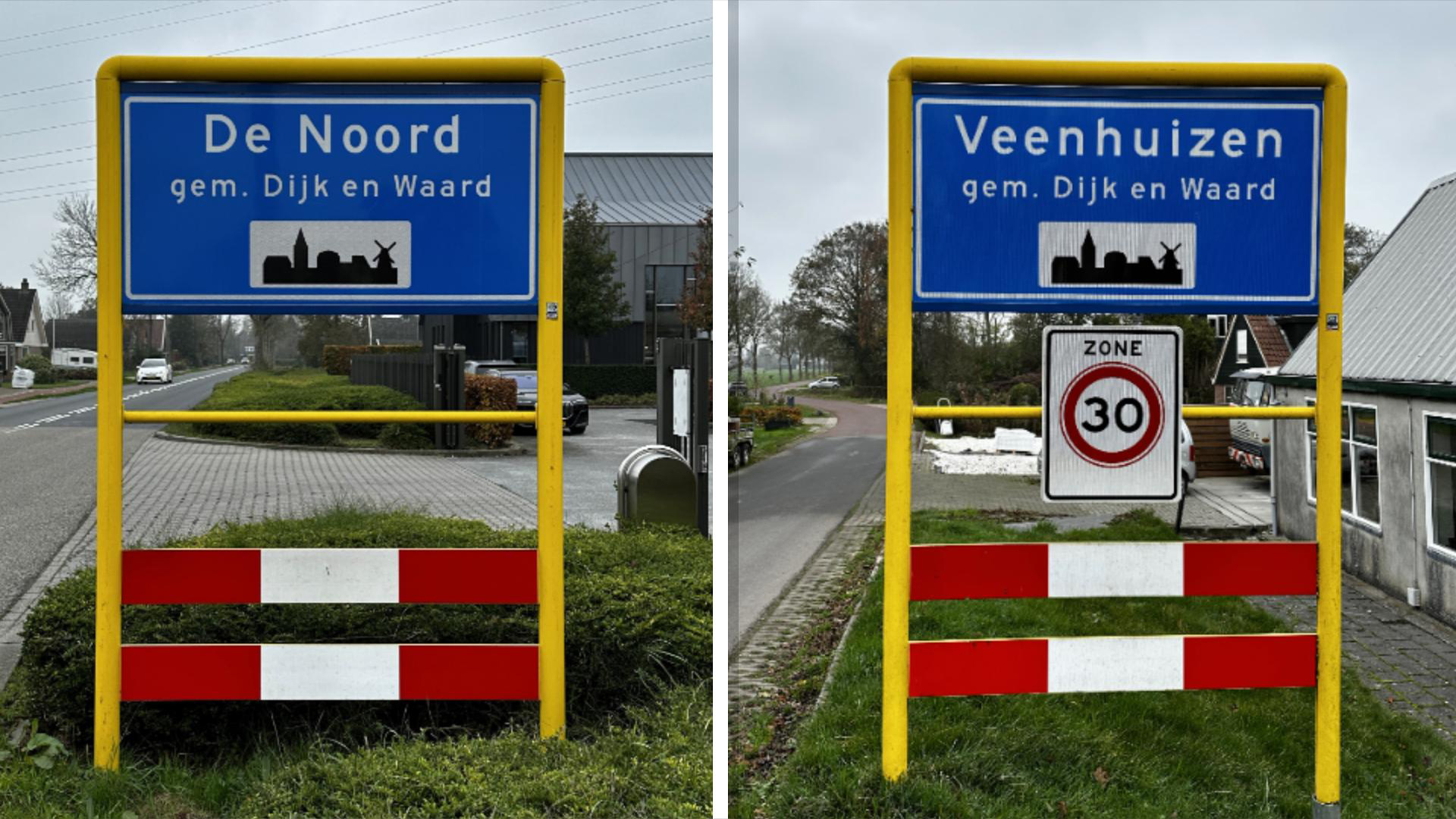 Twee blauwe plaatsnaamborden met gele frames; links "De Noord" en rechts "Veenhuizen", beide in de gemeente Dijk en Waard. Veenhuizen bord heeft een snelheidsbeperking van 30 km/u.