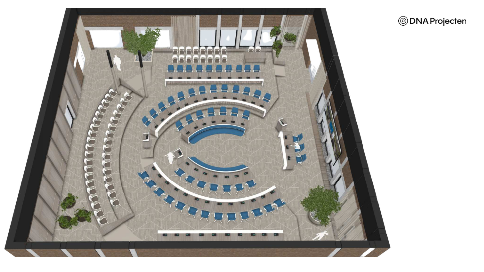 3D-tekening van een conferentiezaal met gebogen zitplaatsen en blauwe stoelen, omgeven door planten.