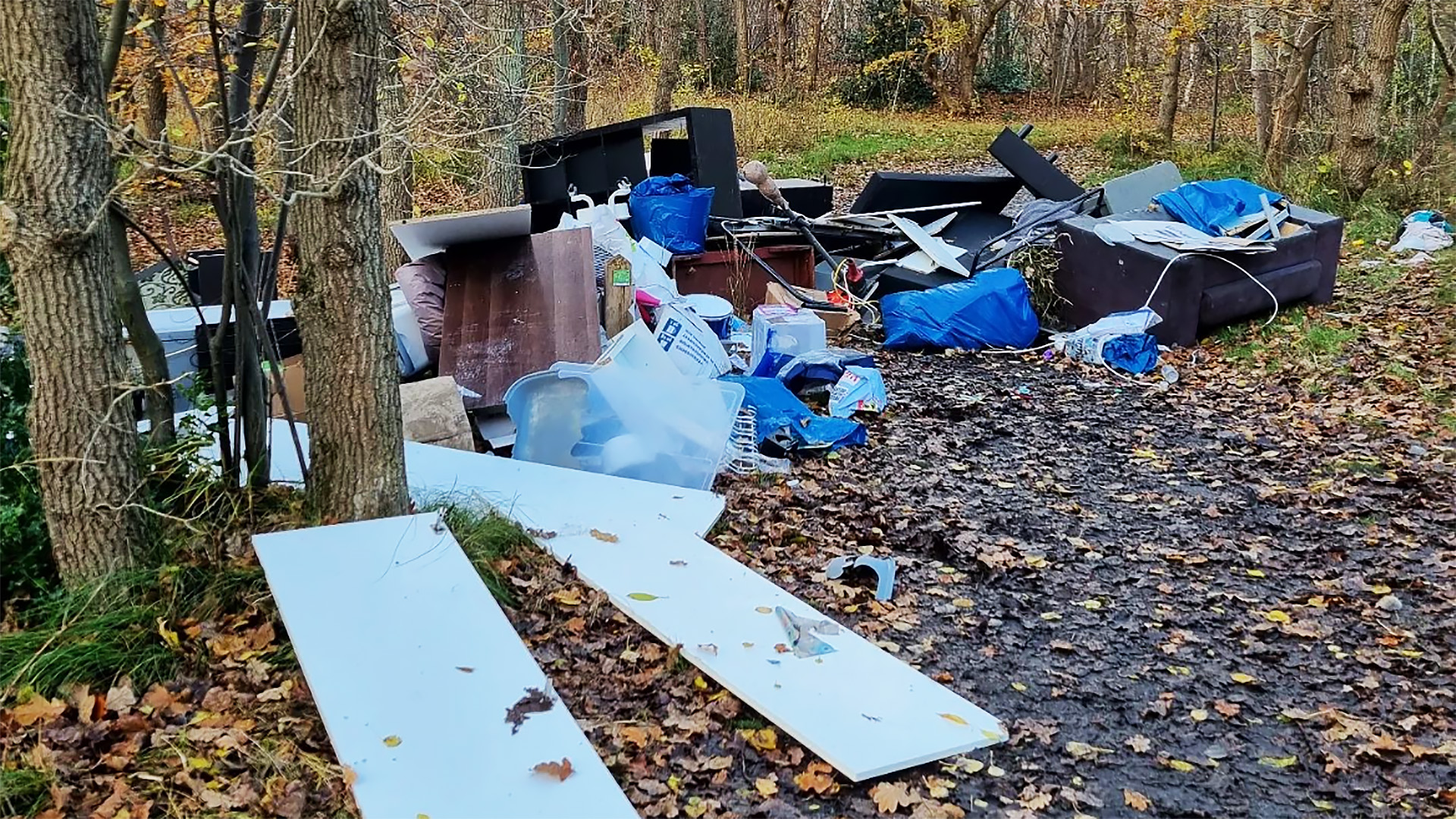 Afval gedumpt in een bos met meubels, plastic zakken en losse materialen.