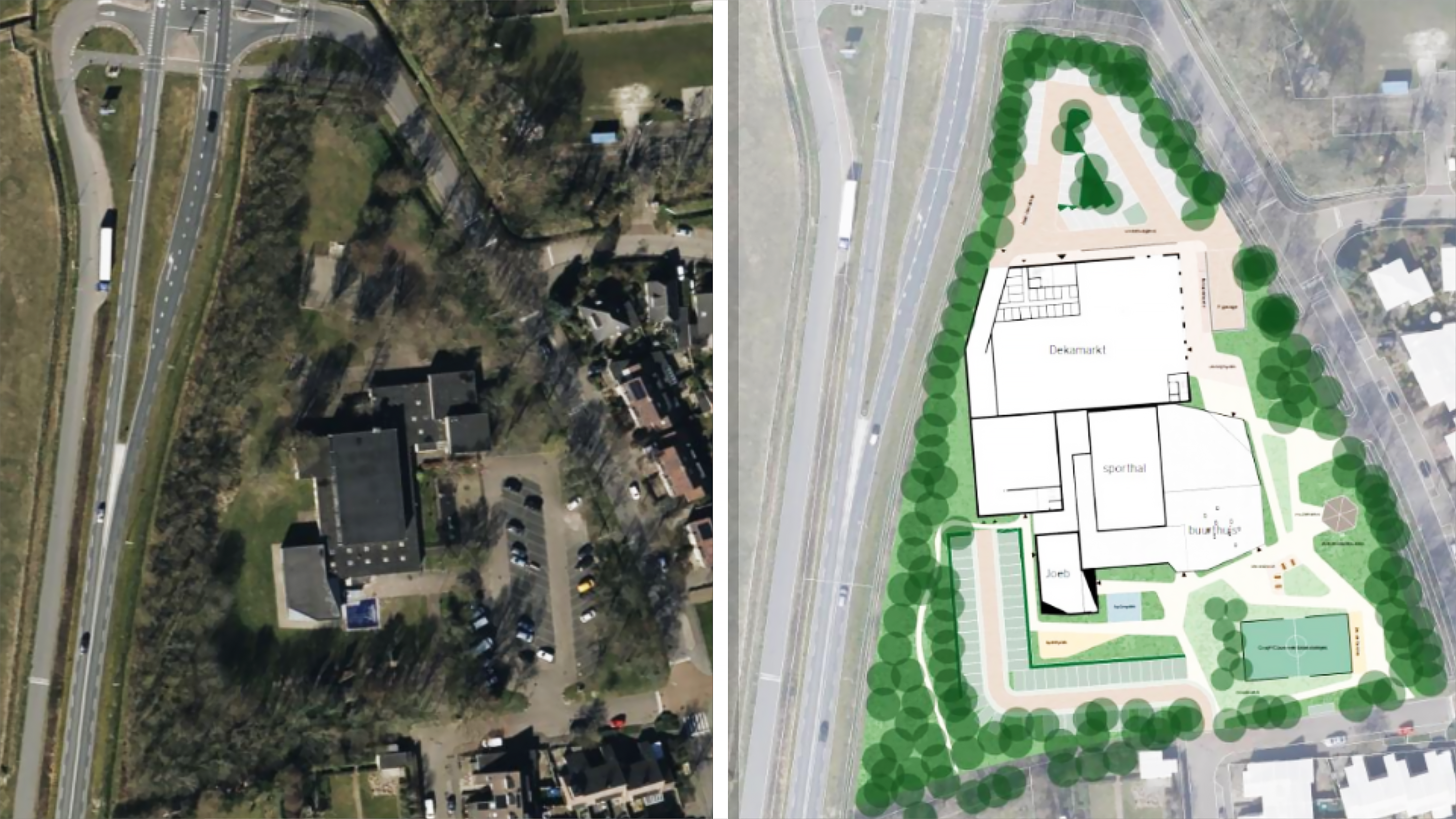 Luchtfoto en bouwplan van hetzelfde gebied, met onder meer sporthal, buurthuis en parkeerplaats omgeven door groen.