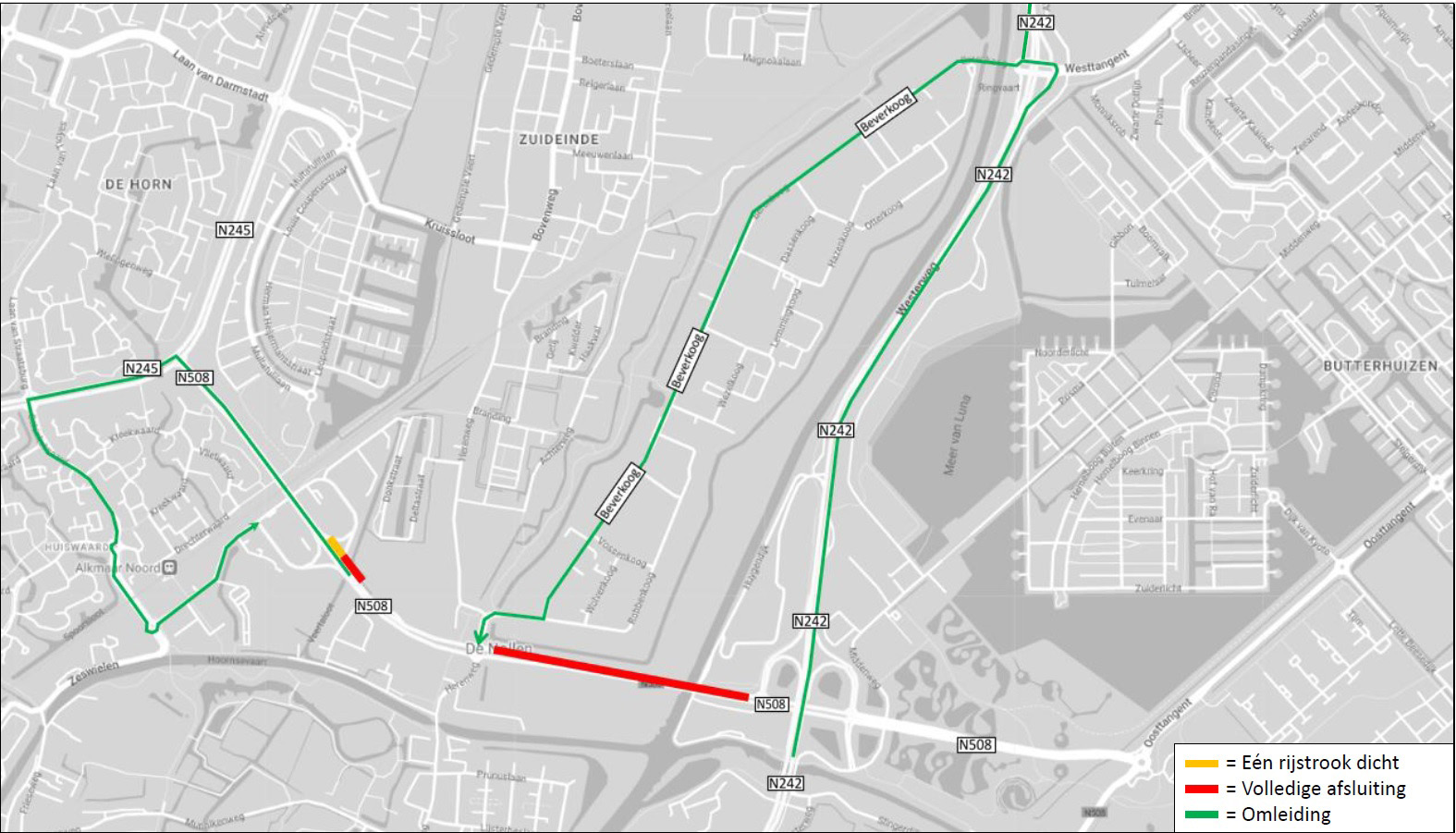 Kaart met verkeersomleidingen; rood voor volledige afsluiting, geel voor één rijstrook dicht, groen voor omleidingen. Gebieden zoals De Horn en ZuidEinde zijn zichtbaar.