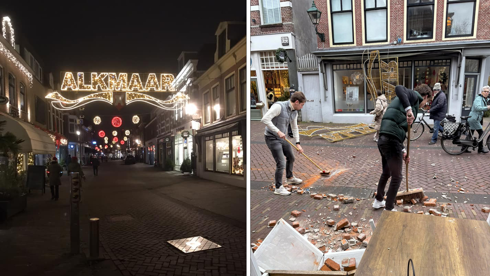 Links een straat in Alkmaar met feestverlichting, rechts mensen die puin opruimen van omgevallen objecten op straat.