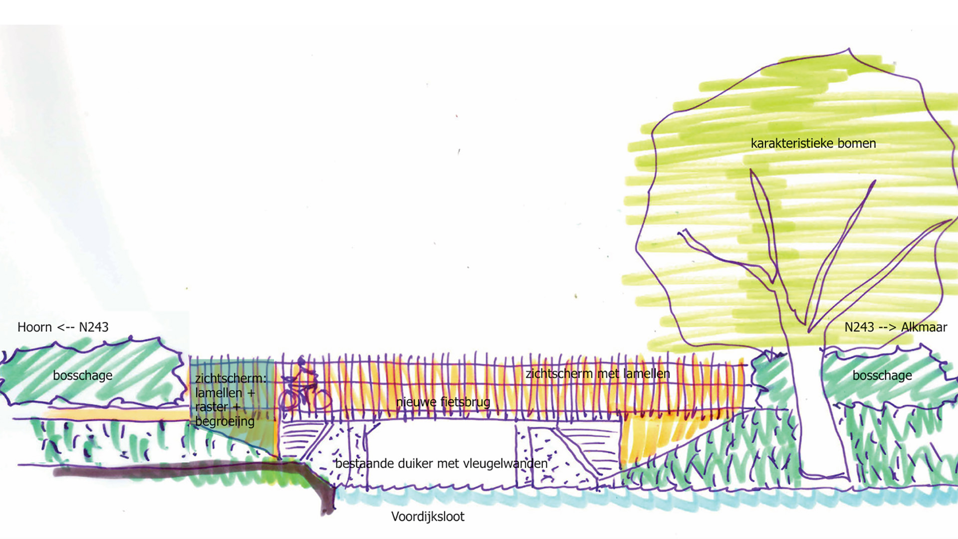 Schematische tekening van een landschapsontwerp met een nieuwe fietsbrug, zichtschermen, bosschage en een karakteristieke boom langs de N243 tussen Hoorn en Alkmaar.