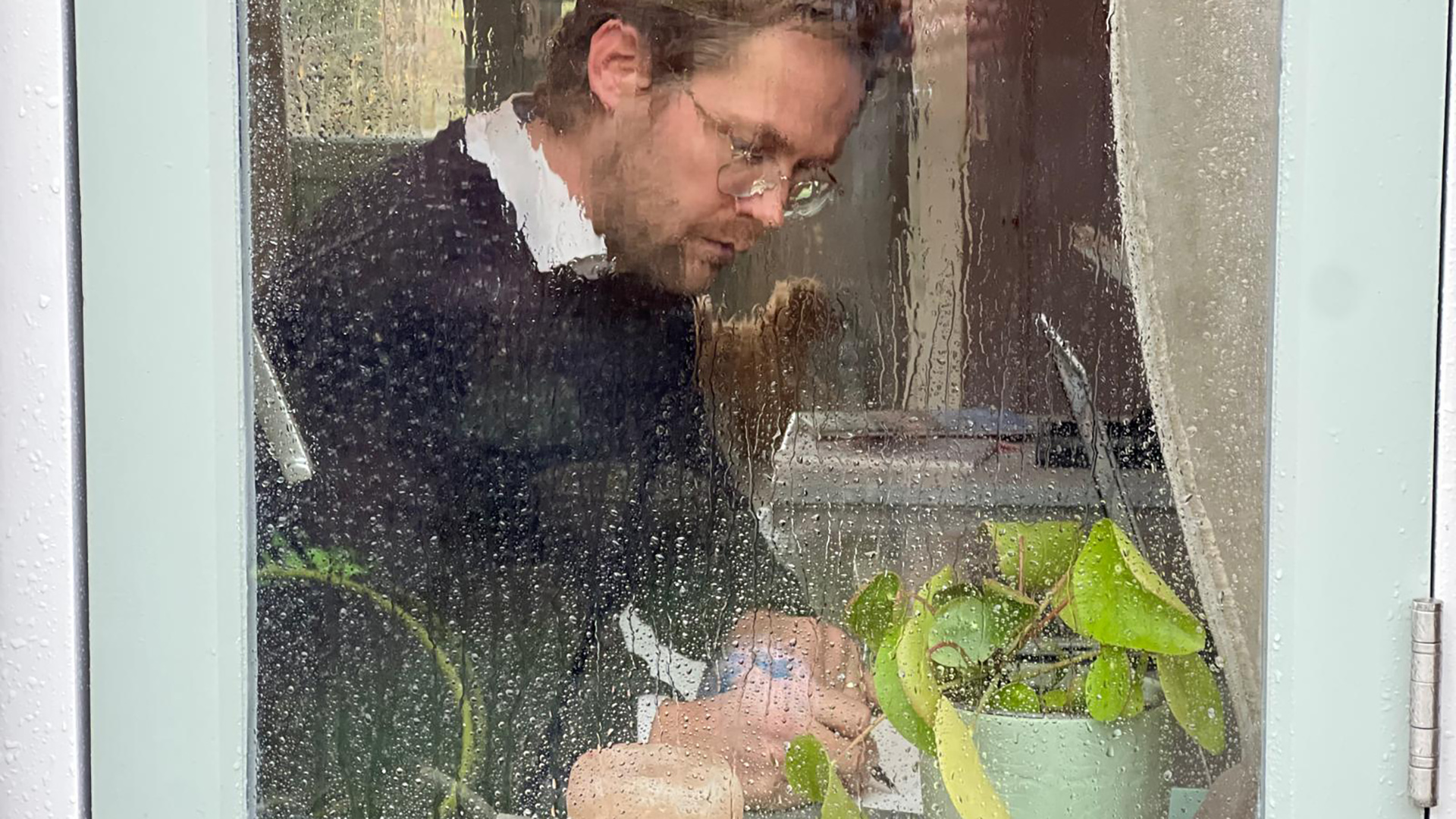 Een man werkt binnen achter een raam bedekt met regendruppels, met een plant op de voorgrond.