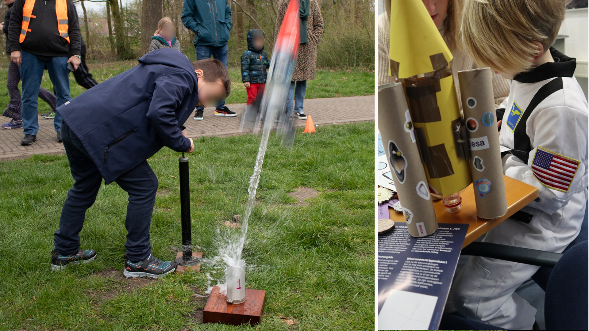 Op de linkerhelft van de foto is een kind te zien dat met een waterdrukraket speelt in een park; op de rechterhelft knutselt een ander kind in een astronautenpak aan een raket van karton.