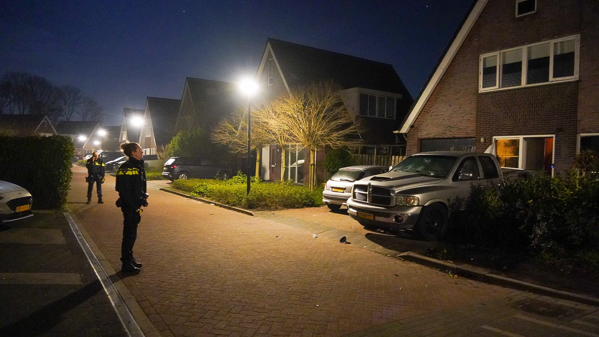 Twee politieagenten op een straat bij nacht met geparkeerde auto's en huizen.