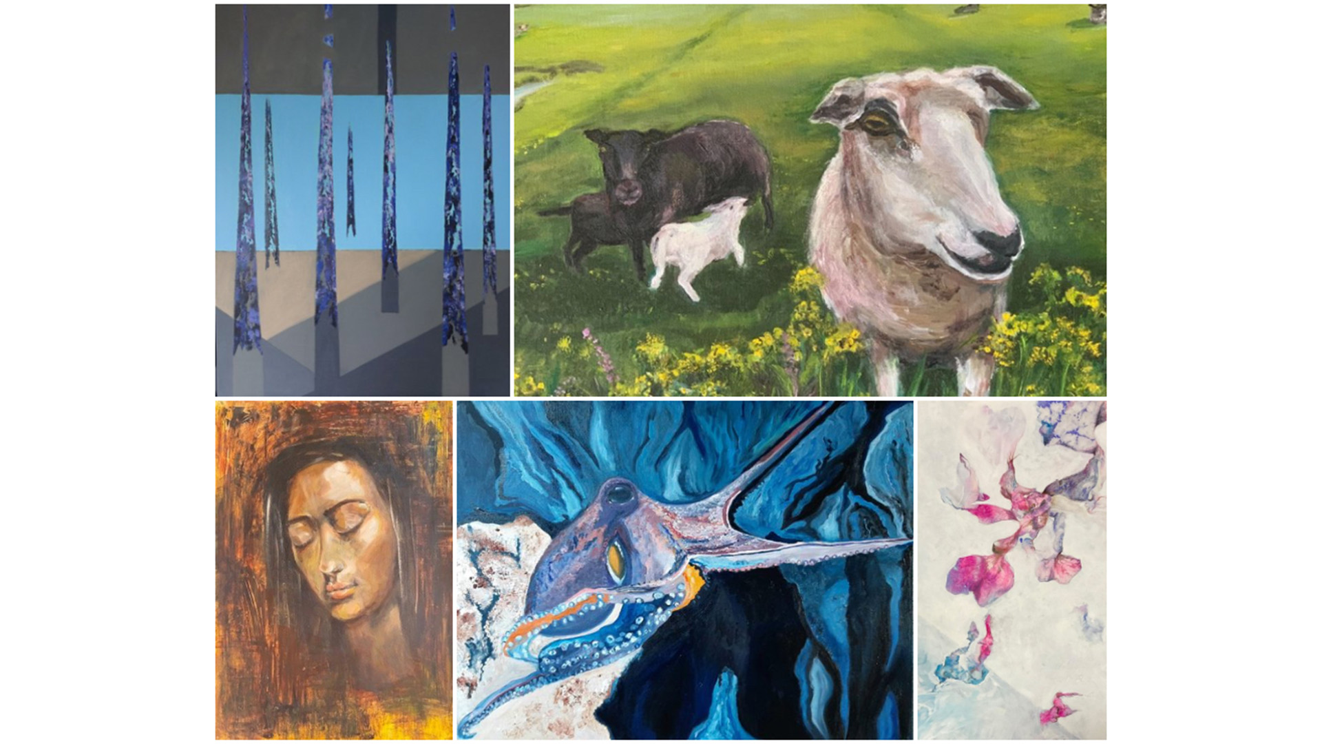Collage van vijf schilderijen met abstracte en figuratieve stijlen: bomen op een blauwe achtergrond, een schaap in een groene weide, een portret van een vrouw met gesloten ogen, een kleurrijke octopus, en bloemen in roze en blauw.