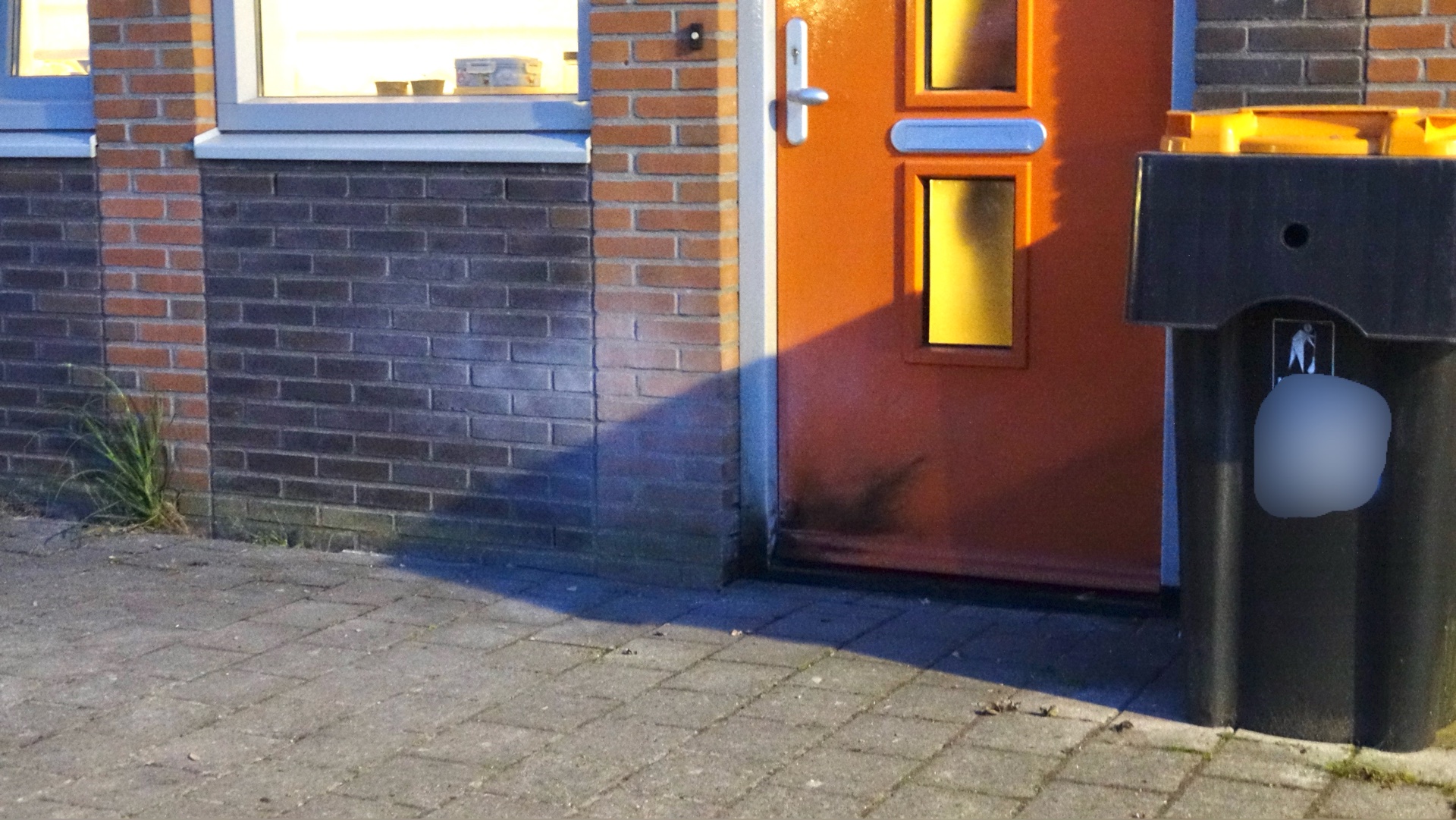 Een oranje deur met een raam, naast een vuilnisbak en een buitenmuur van bakstenen, 's avonds verlicht.