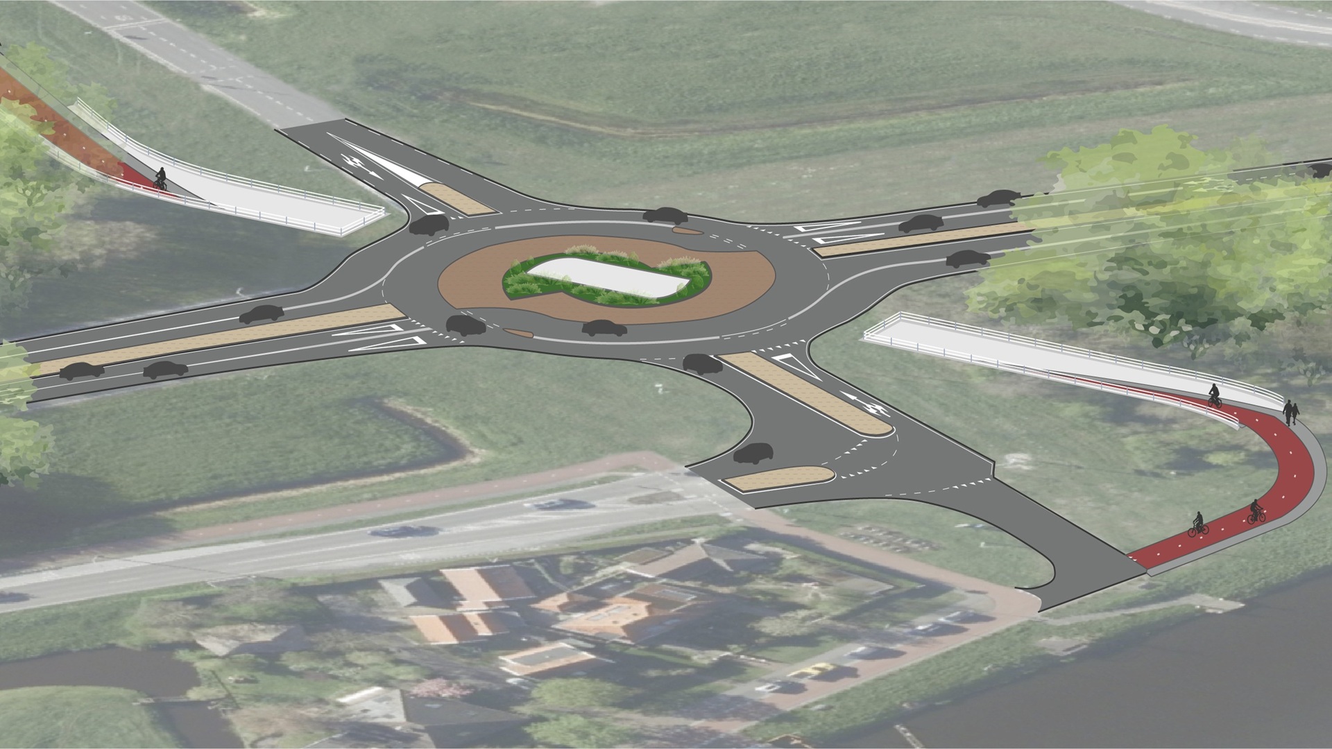 Illustratie van een verkeersrotonde met vier toegangswegen, omgeven door groen. Er zijn aparte fietspaden in rood aangegeven en verschillende auto's rijden op de wegen. Het midden van de rotonde heeft een groene inrichting met planten.
