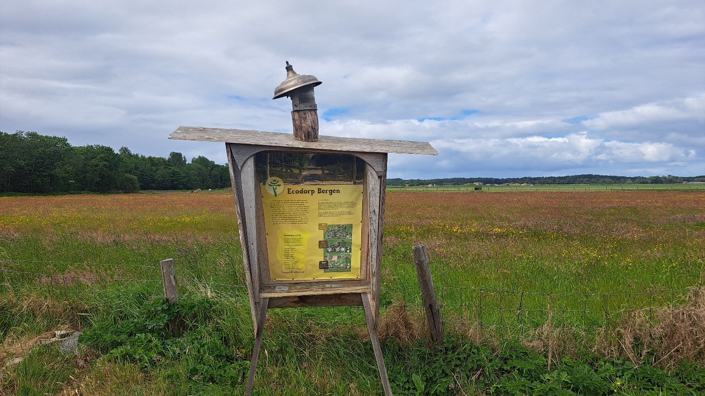 Een houten infobord met daarop een poster van Ecodorp Bergen staat in een open veld met gras en wilde bloemen, met bossen op de achtergrond onder een bewolkte lucht.
