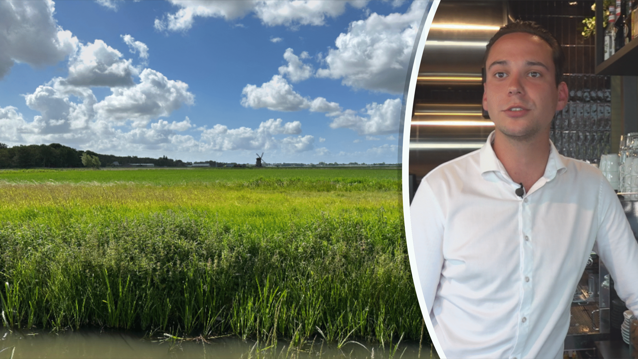 Een collage van een groene weide met een molen in de verte onder een blauwe lucht vol wolken, en een jongeman in een witte overhemd staande in een moderne baromgeving.