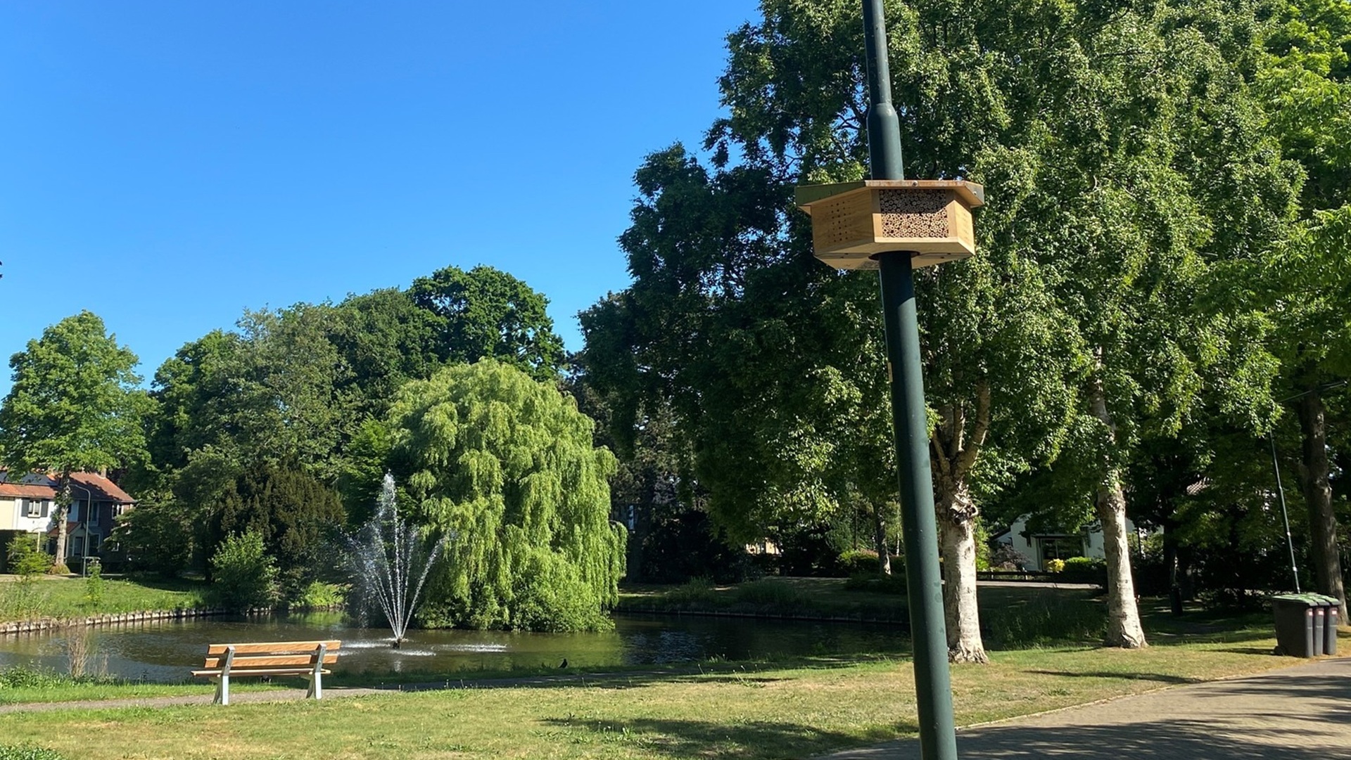 Rustig park met een vijver en fontein, omringd door groene bomen en een houten bankje aan de oever; op de voorgrond hangt een insectenhotel aan een lantaarnpaal.