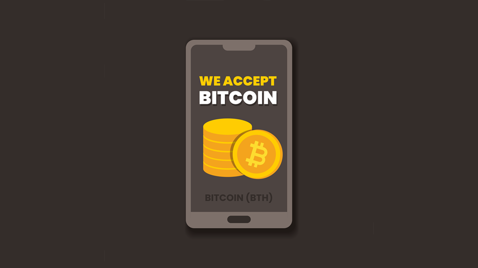 Illustratie van een smartphone met de tekst 'We Accept Bitcoin' en een afbeelding van gouden munten met het bitcoin-logo erop.