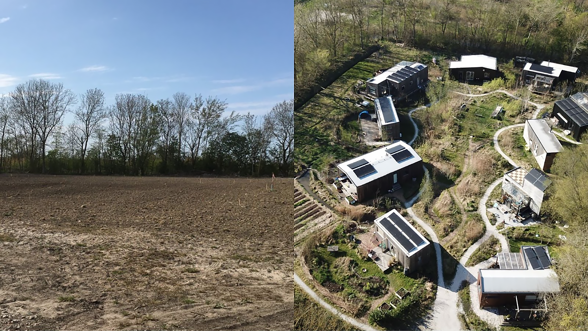 Twee beelden naast elkaar: links een kaal, beplant veld met bomen op de achtergrond; rechts een vogelperspectief van een eco-dorp met moderne huizen omringd door groen en kronkelende paden.