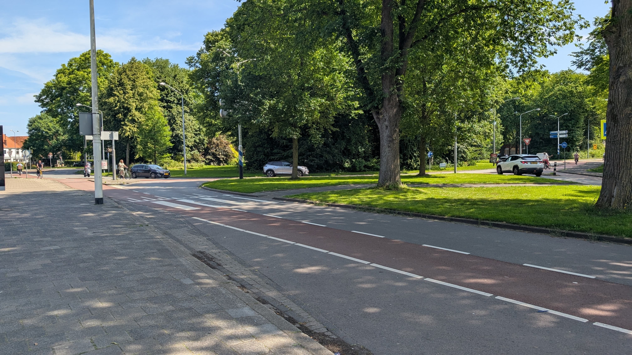 Straat met een fietspad en trottoir langs een park, met bomen en auto's op de achtergrond.