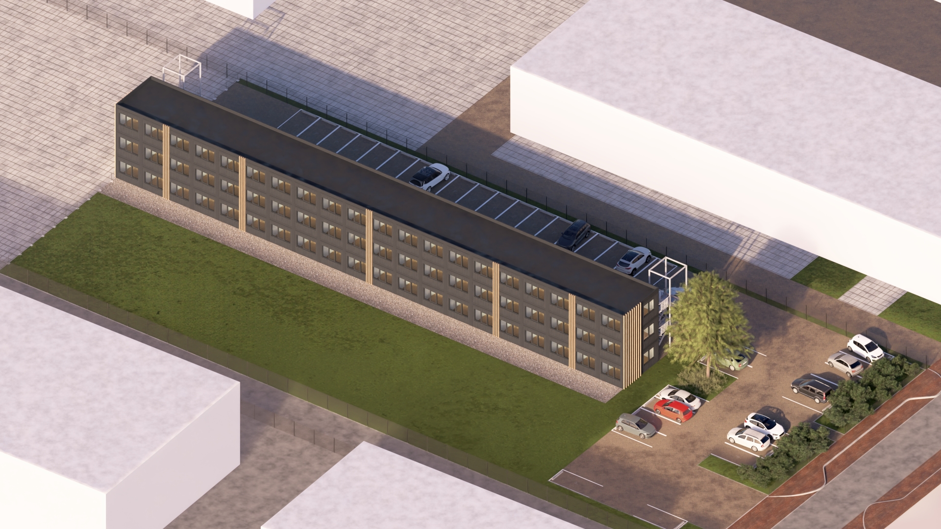 Render van een langwerpig, modern gebouw met meerdere verdiepingen en vele ramen, omringd door parkeerplaatsen en groene zones, met enkele auto's in de parkeerplaatsen en een groot grasveld aan de voorzijde.