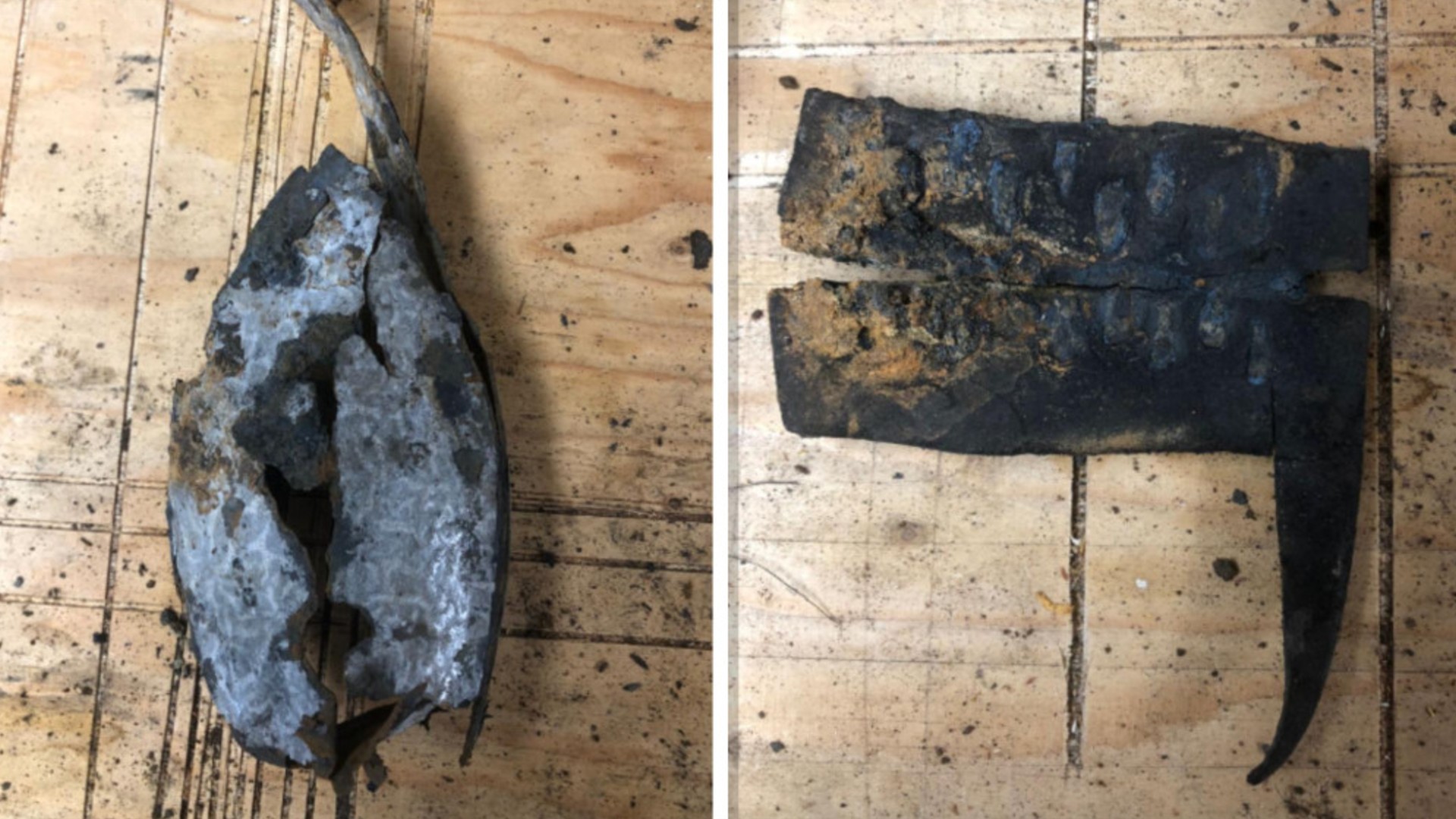 Twee beelden van zwaar verroeste en beschadigde metalen voorwerpen op een houten werkblad.