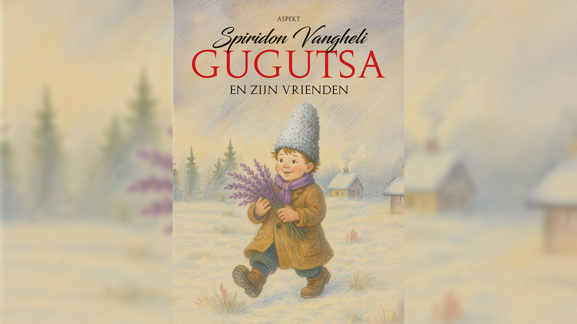 Illustratie van een jongen in een winterlandschap met een grote muts en bruine jas, die een bos bloemen vasthoudt, met rookpluimen uit houten huisjes op de achtergrond en de titel "Gugutsa en zijn vrienden" bovenaan.