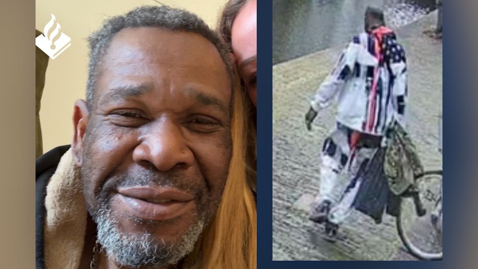 Twee afbeeldingen naast elkaar; links een close-up van een lachende oudere man met grijs haar en een lichte baard. Rechts een man van achteren gezien, lopend op straat naast een fiets, gekleed in een outfit met het patroon van de Amerikaanse vlag en draagtokken.