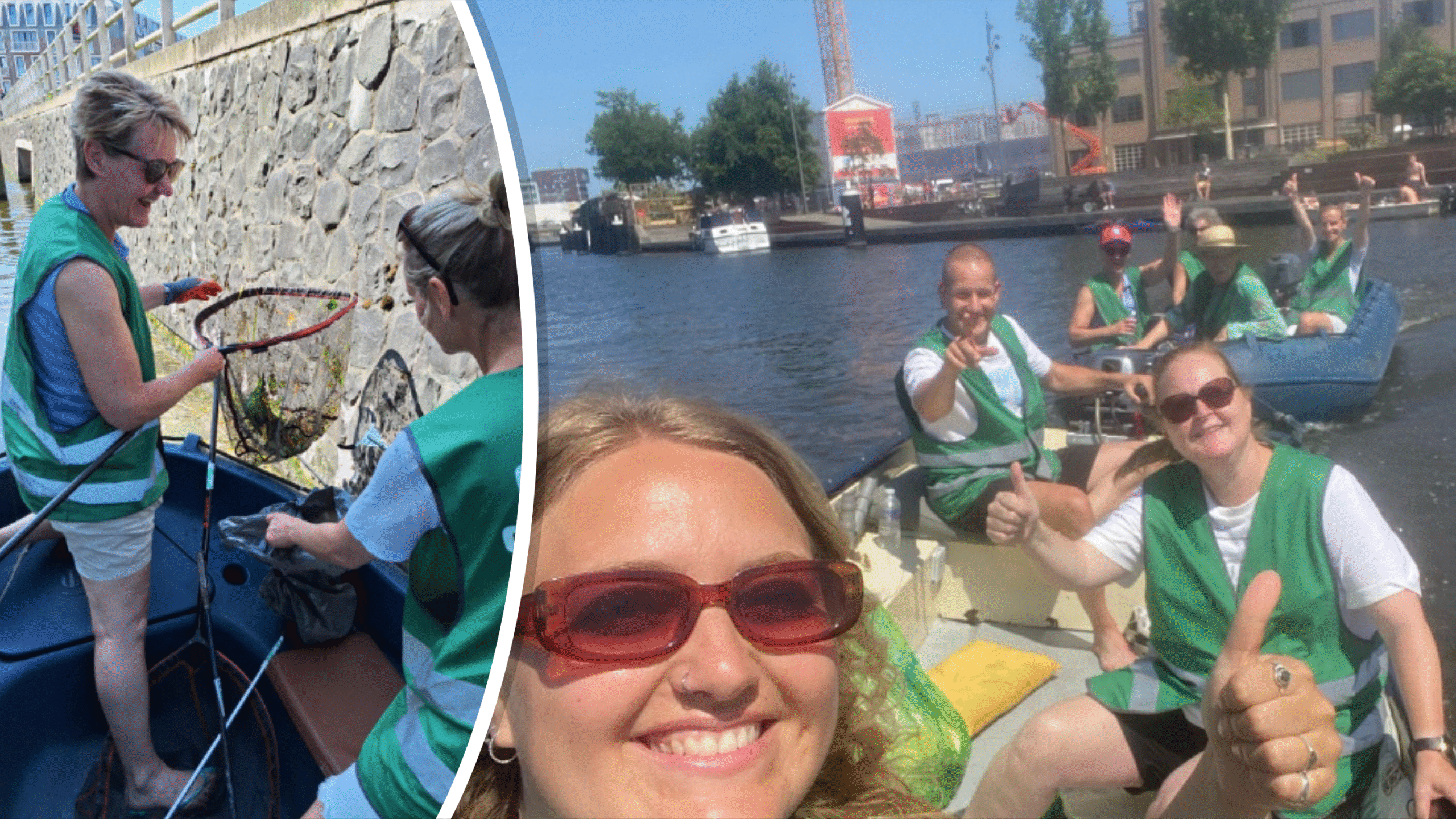 Mensen in groene veiligheidsvesten zijn in boten op een kanaal, lachend en poseren voor de camera terwijl ze afval opruimen, met een net in de hand van een persoon zichtbaar in een ingezoomd gedeelte van de foto.