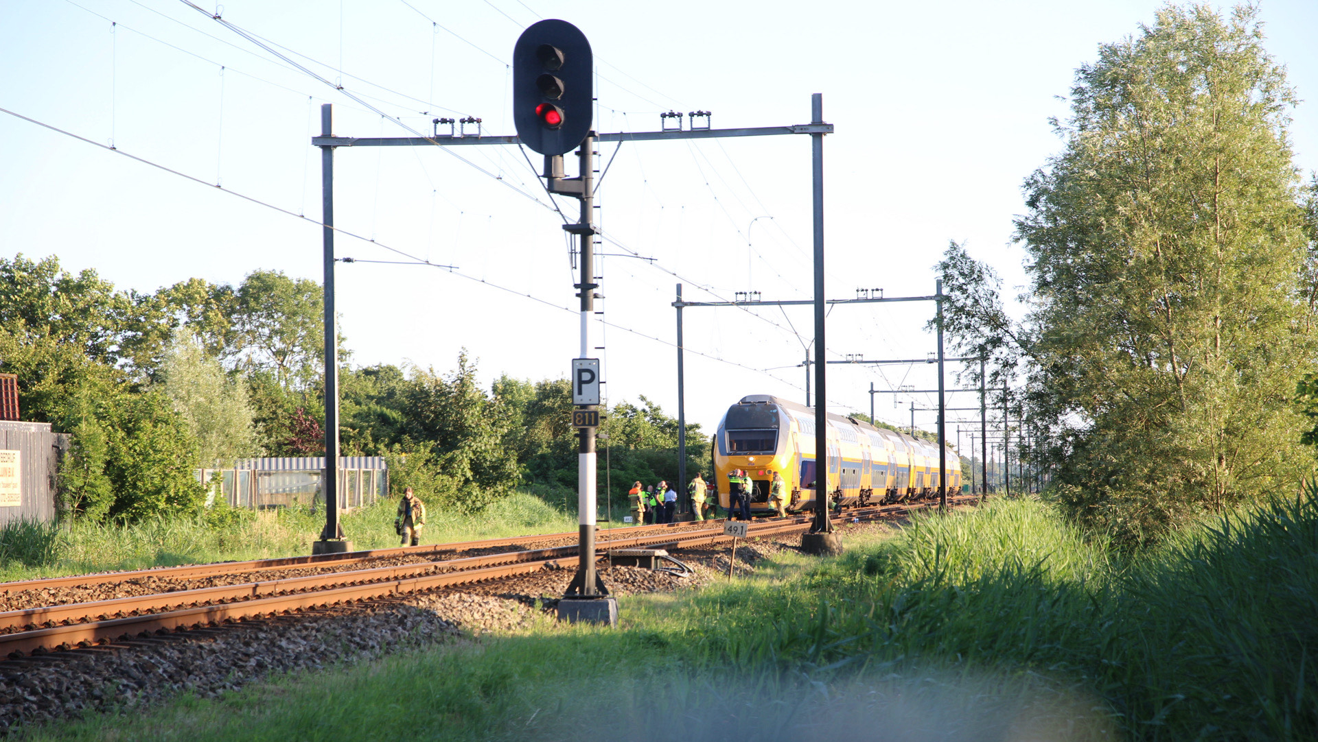 Een gele en blauwe trein stopt voor een rood seinlicht op het spoor, met mensen in veiligheidskleding rond de trein en omringd door groen landschap.
