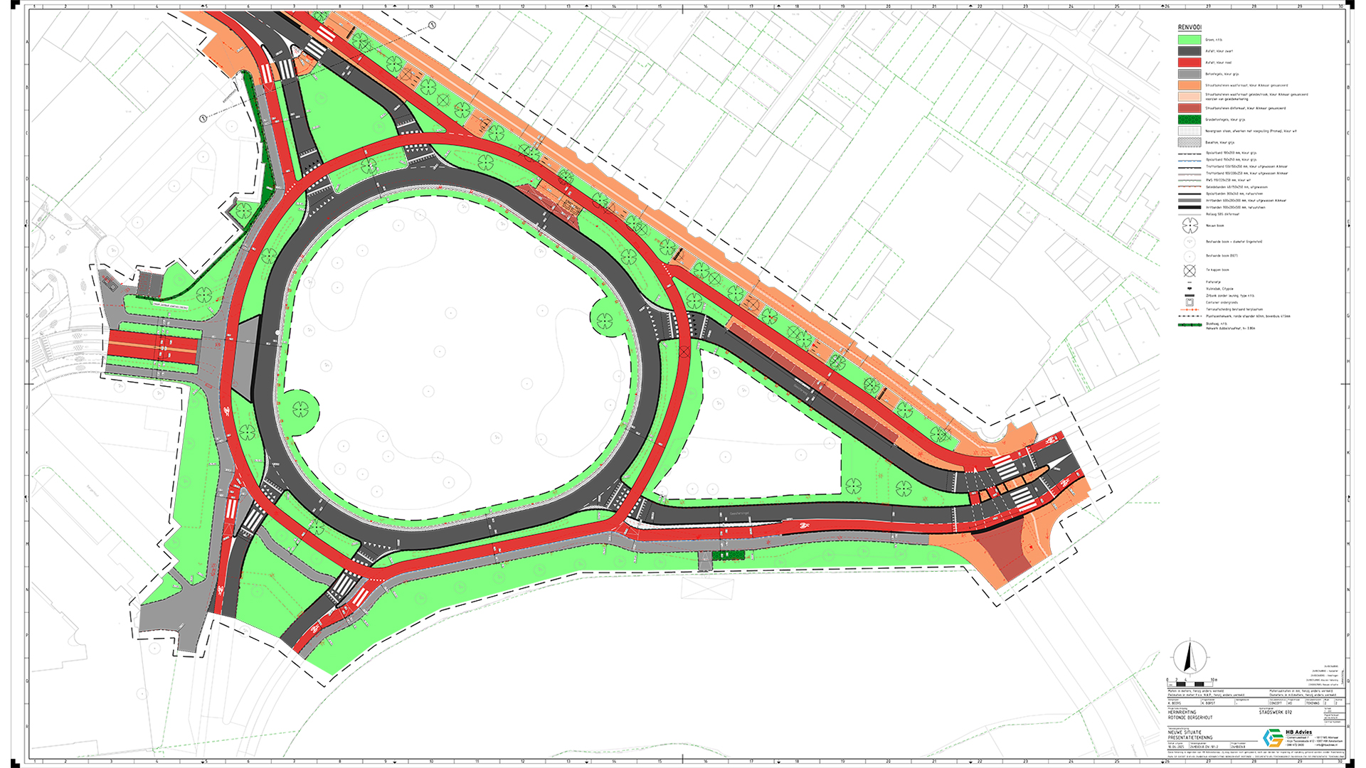 Stadsplattegrond met wegen, fietspaden, parkeerplaatsen en groenvoorzieningen; centraal een grote rotonde met omliggende infrastructuur in verschillende kleuren aangegeven volgens de legenda.